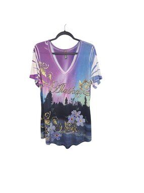 Big Bang Womens M Alaska Graphic V-Neck T-Shirt Purple/Blue Short Sleeve 4330